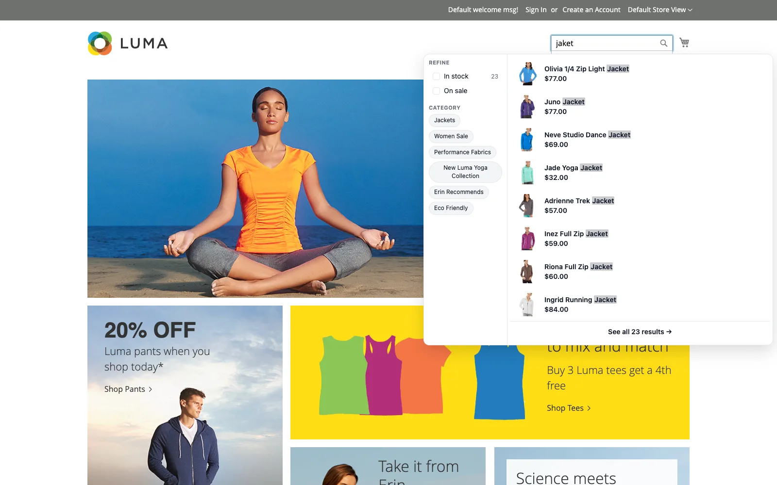NitroSearch instant search on a Magento storefront: the misspelling “jaket” returns twenty-three jackets with images, prices and highlighted matches, beside filters built from the store’s own colour, category and collection attributes