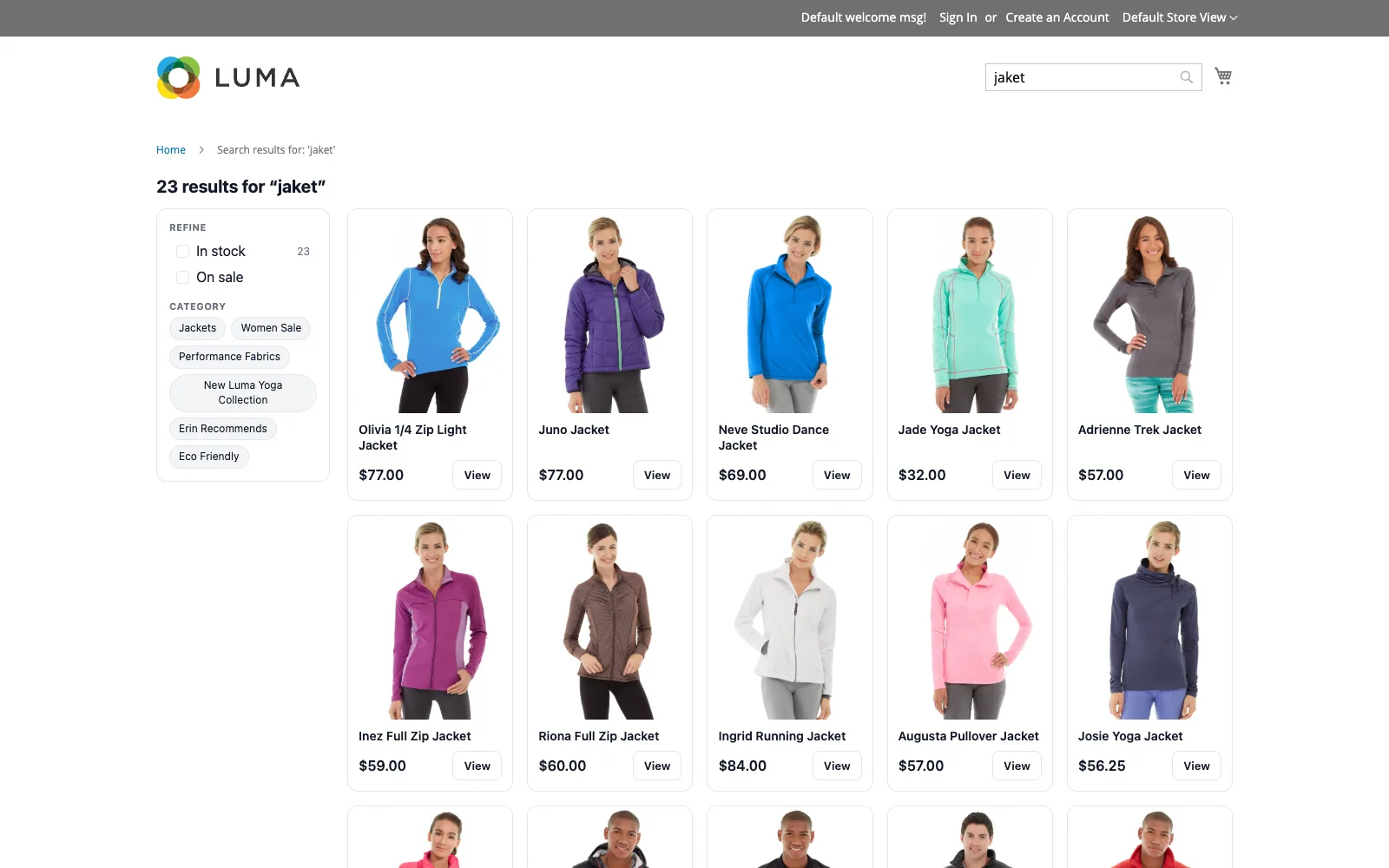 The NitroSearch results page on a Magento storefront, showing twenty-three jackets in a grid with prices, beside stock, sale and category filters drawn from the store’s own layered-navigation attributes