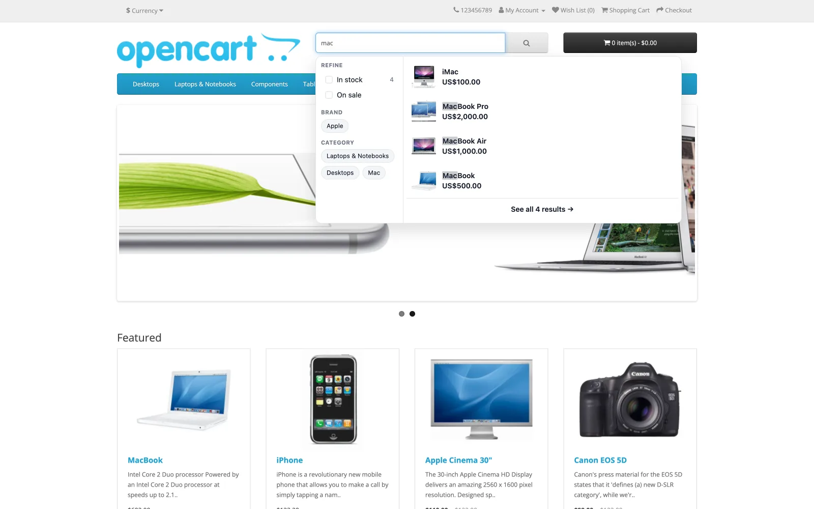 NitroSearch instant search dropdown on an OpenCart storefront, showing typo-tolerant product results with images and prices alongside stock, brand and category filters as the shopper types