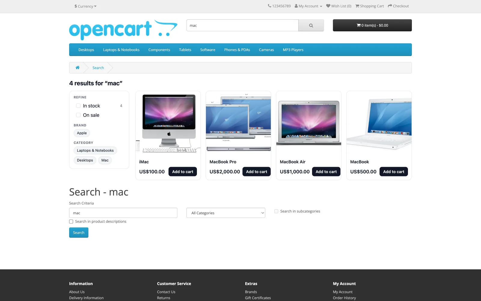 The NitroSearch results page on an OpenCart storefront, showing four matching products with prices and add-to-cart buttons beside stock, brand and category filters