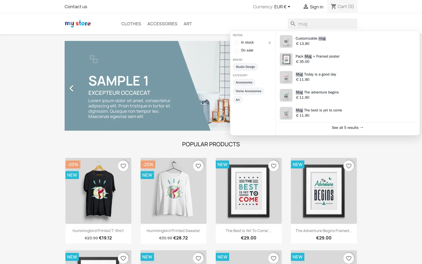NitroSearch instant search dropdown on a PrestaShop storefront, showing typo-tolerant product results with images, euro prices, brand and category filters as the shopper types