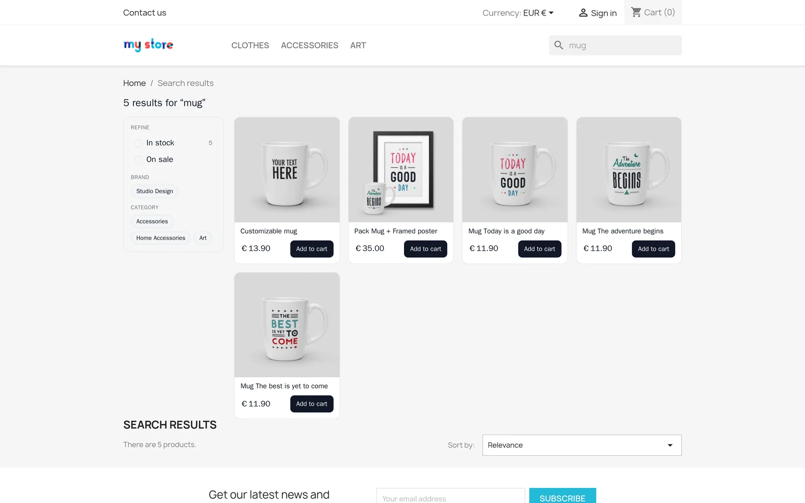 The NitroSearch results page on a PrestaShop storefront, showing five matching products with euro prices, add-to-cart buttons, and stock, brand and category filters