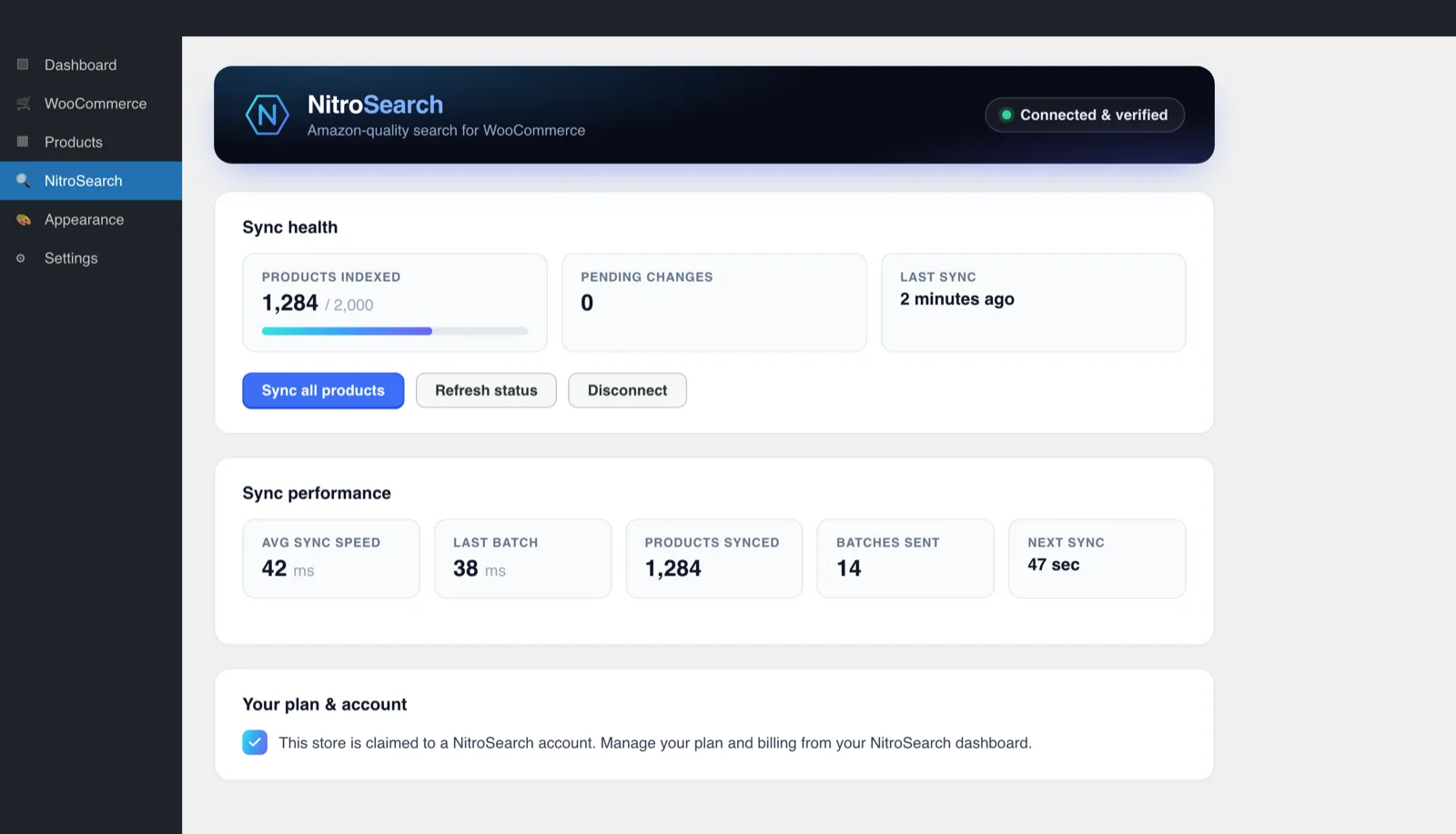 The NitroSearch admin screen inside WordPress showing connection status, live sync health and sync performance metrics