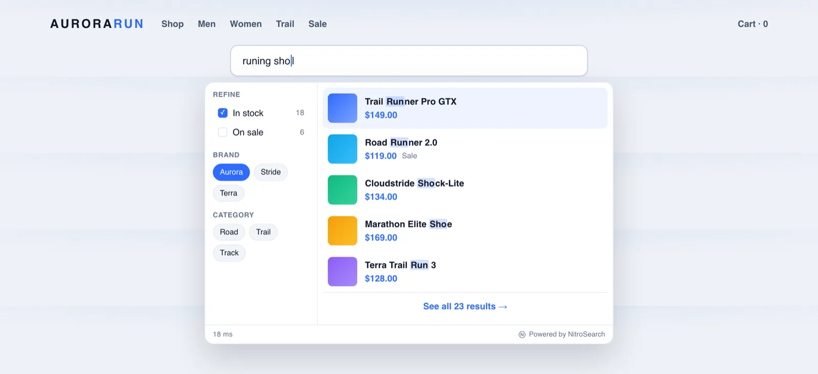 WooCommerce search by SKU working in NitroSearch — instant product results with images and prices as the shopper types a part number